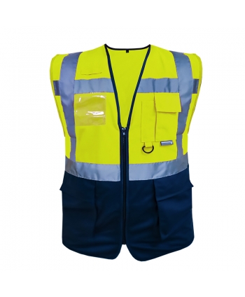 Chaleco reflectivo bicolor amarillo/azul con bolsillos tipo supervisor
