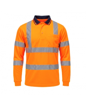 Long-sleeved, two-color polo-type sweater with reflective tapes
