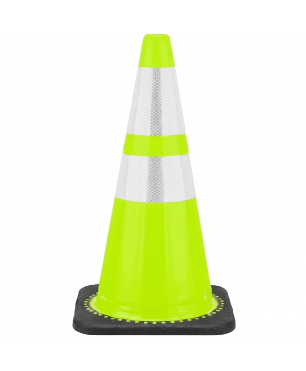 Cono de señalización verde lima con base negra y cintas reflectivas