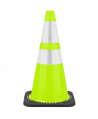 Cono de señalización verde lima con base negra y cintas reflectivas